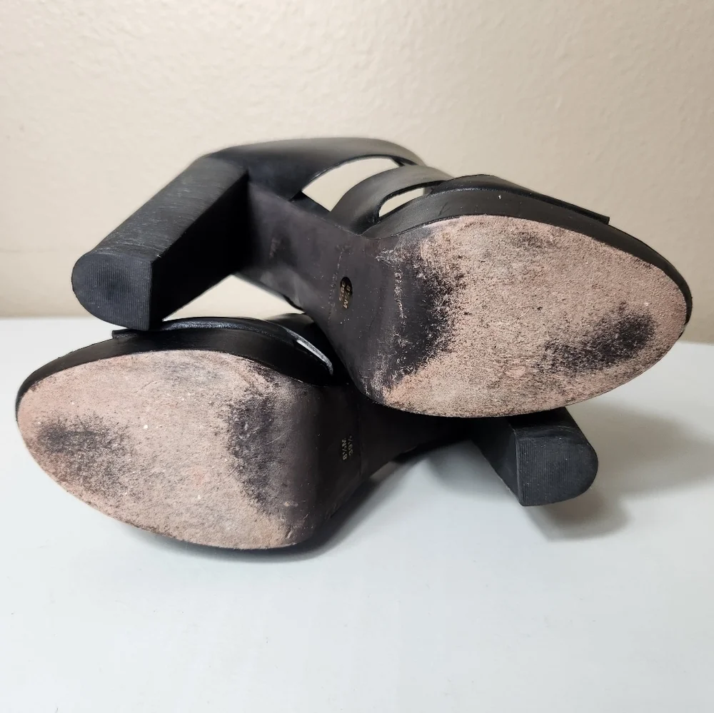 Vera Wang Lavender Black Leather Strappy Peep Toe Platform Block Heels-Size 8.5